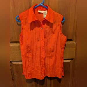 White Stag Ribbed Pleated Bright Orange Sleeveless Button Down Collar Shirt L